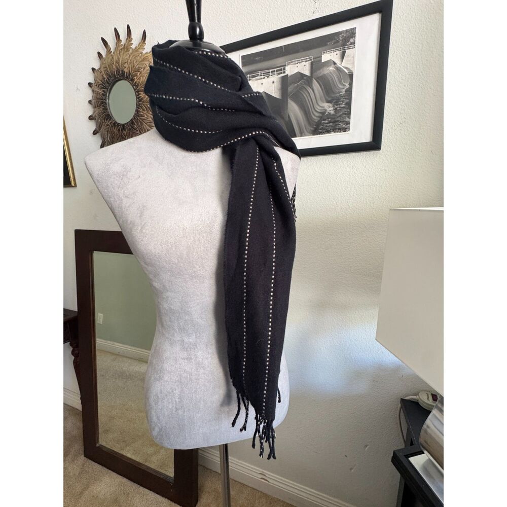 100% Cashmere Scarf Black Ivory Pinstripe Fringe Hand Tailored Germany